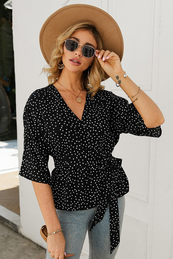 Dotted Wrap Top - Black
