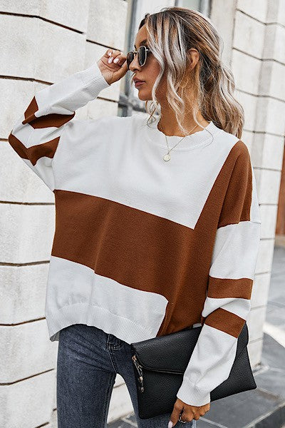 Camel and White Color Block Sweater